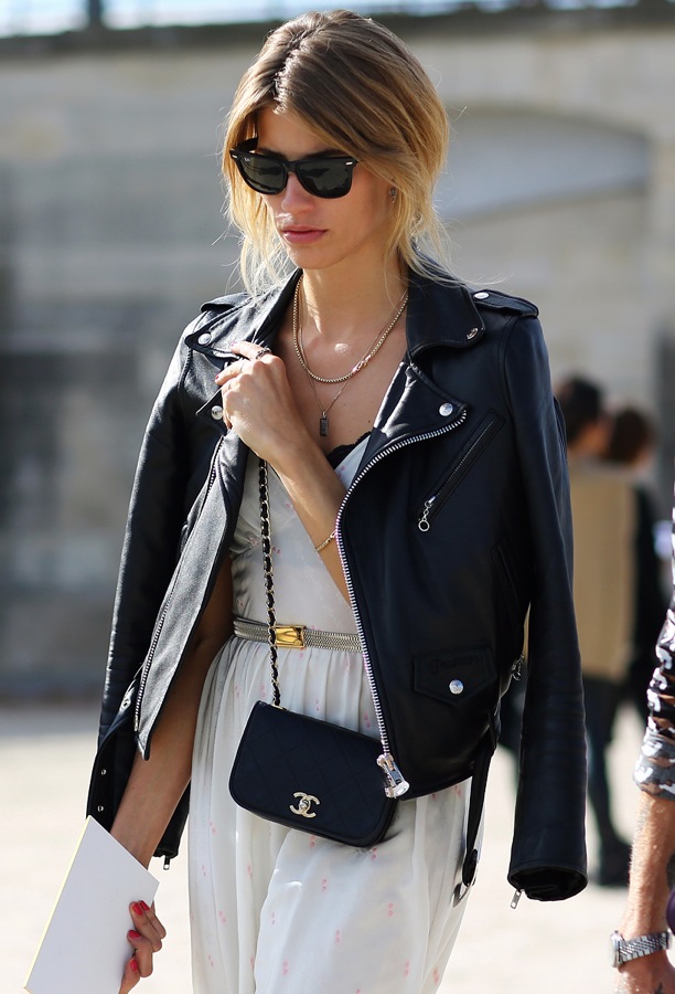 street-style-leather-moto-jacket-over-the-shoulders-paris-fashion-week-ray-ban-wayfarer-sunglasses-layered-necklaces-simple-white-dress-peek-a-boo-bra-metallic-waist-thin-belt-small-chai